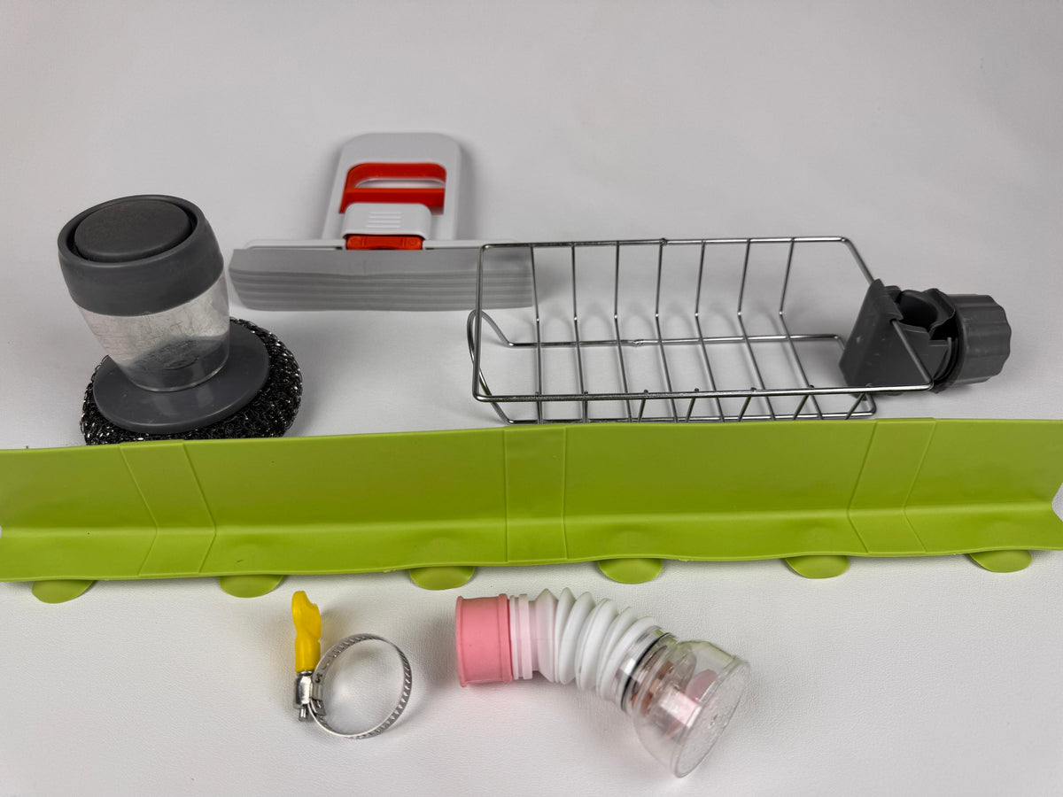 6-in-1 Complete Kitchen Sink Utility Kit – Organizer, Splash Guard & Cleaning Tools