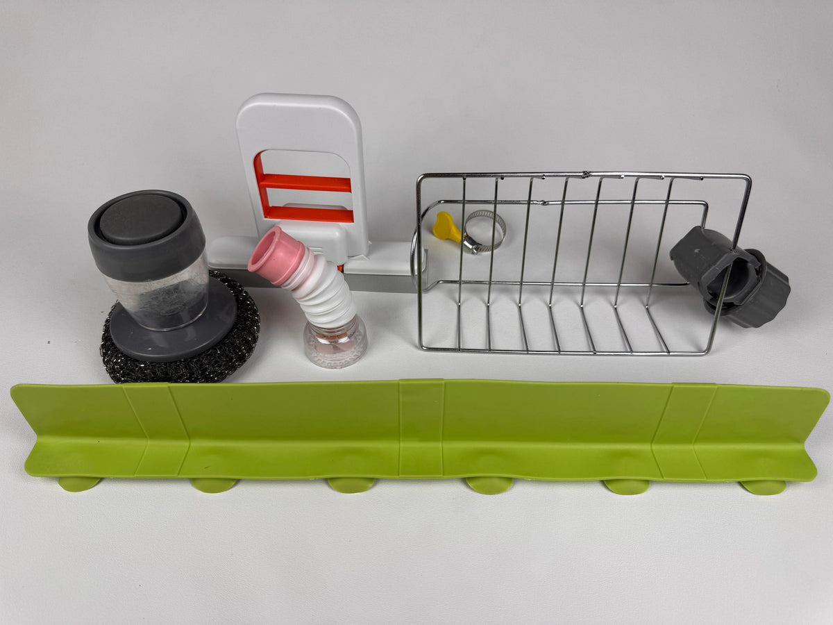 6-in-1 Complete Kitchen Sink Utility Kit – Organizer, Splash Guard & Cleaning Tools